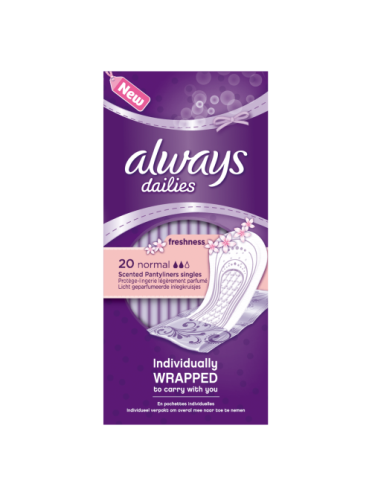 Always Dailies Individually Wrapped Normal Freshness Pantyliner Singles 20 count